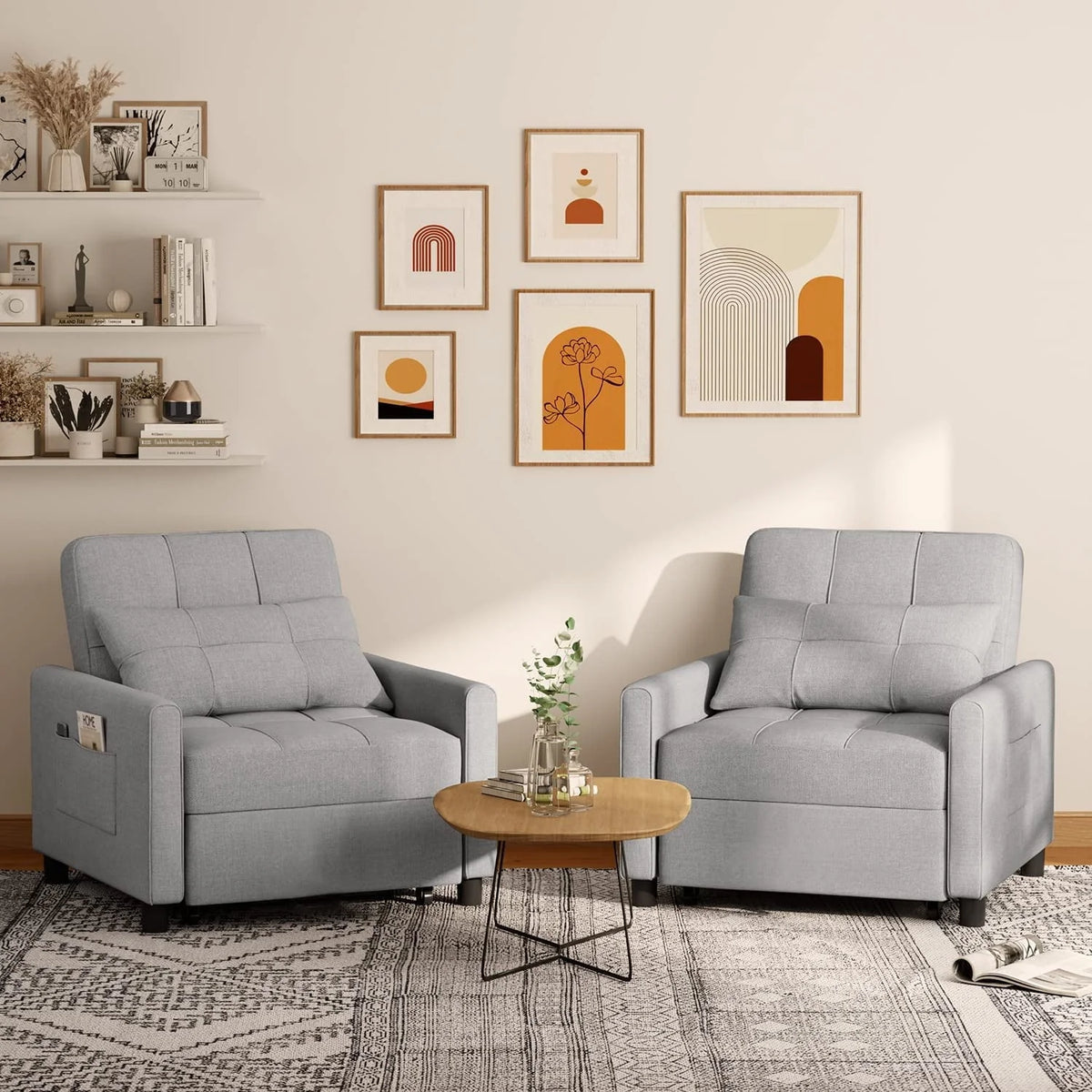 Lofka Chair Bed, Convertible Sofa Bed Couch Recliner Single Bed for Living Room/Office/Bedroom, Light Gray
