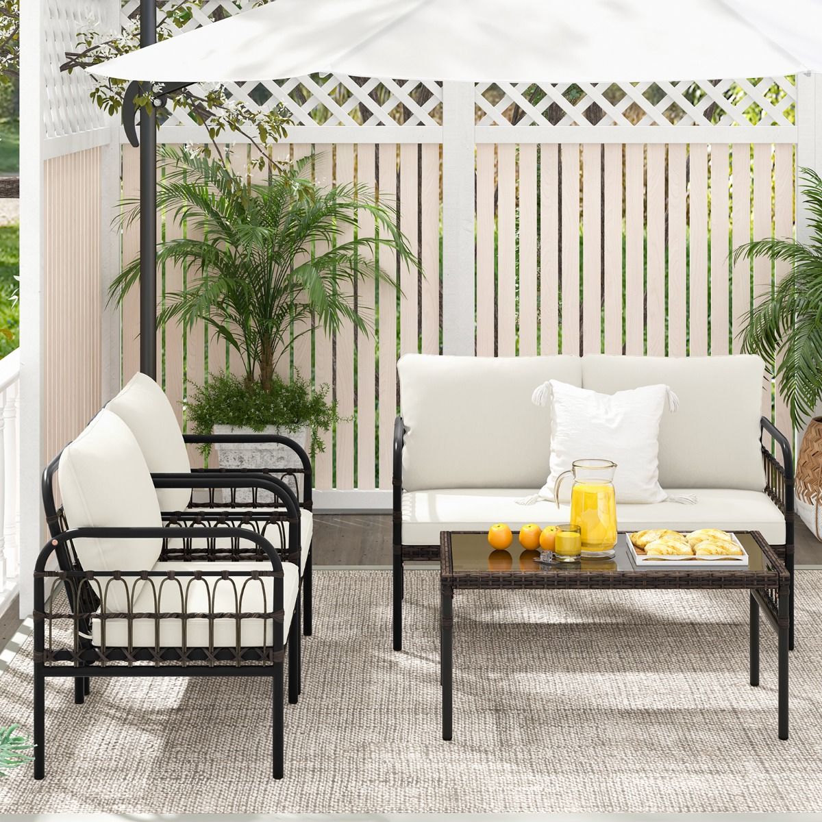 Patio Furniture 4 Pieces Rattan Load 180-360KG with Loveseat Chairs Cushions and Tempered Glass Coffee Table for Balcony White -