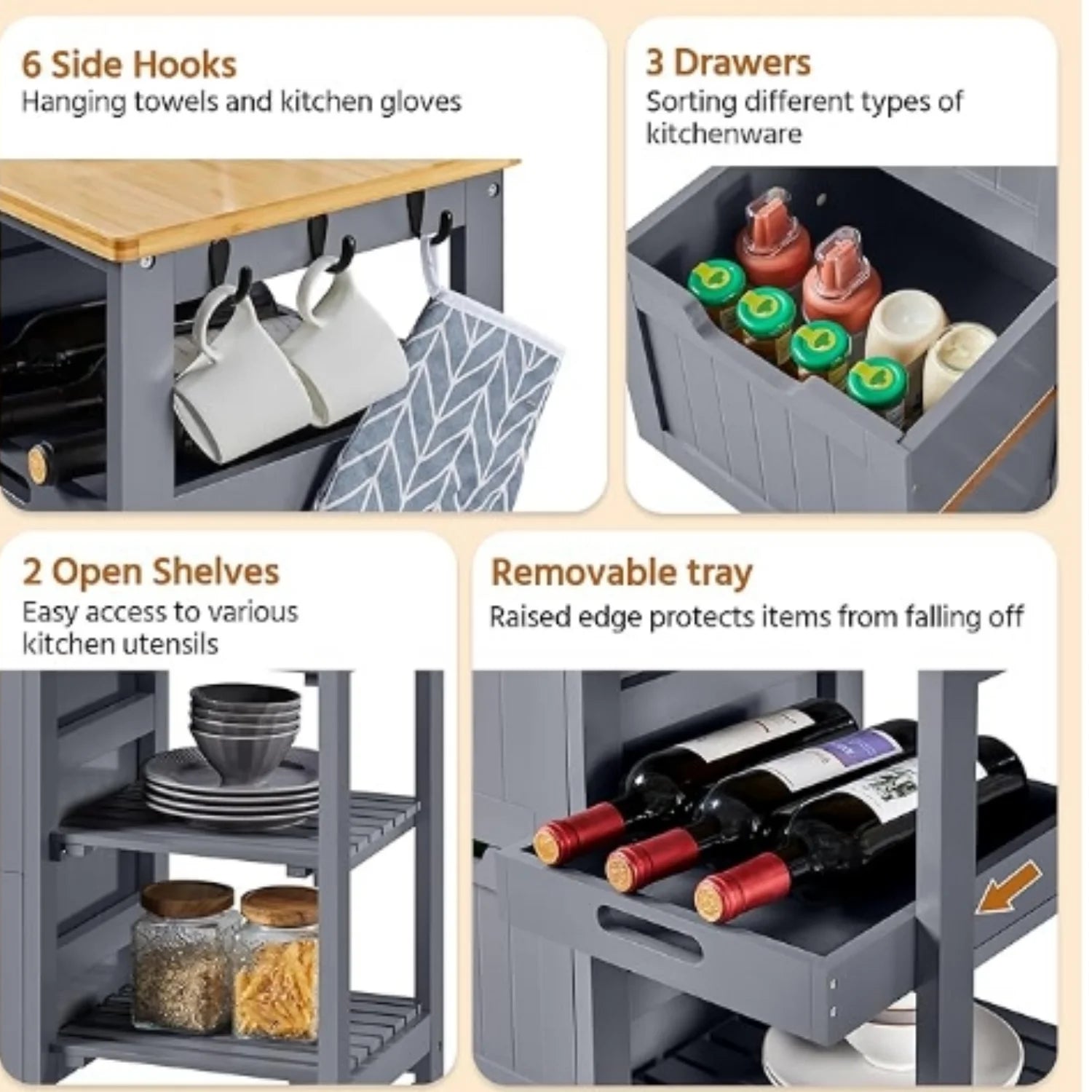 Kitchen Island Cart on Wheels with Storage, Rolling Bar Cart with Solid Wood Top and 3 Drawers - Product image 4
