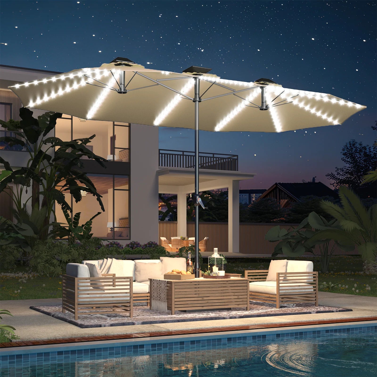 AECOJOY 15ft Patio Double-Sided Umbrella, 156 PCS Solar LED Light Outdoor Large Umbrella, Beige - Product image 8