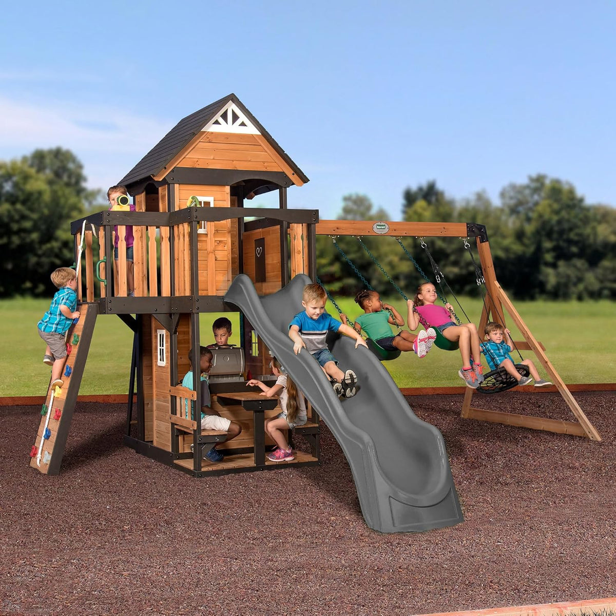 Canyon Creek Cedar Wood Swing Set with Wave Slide, Clubhouse, Play Kitchen, Picnic Area, Belt Swings - Product image 4