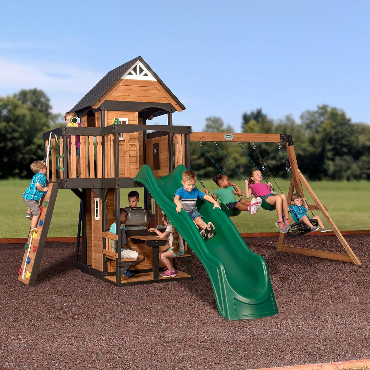 Canyon Creek Cedar Wood Swing Set with Wave Slide, Clubhouse, Play Kitchen, Picnic Area, Belt Swings - Product image 1