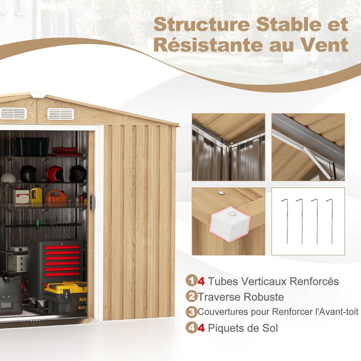 Storage Shed 259cm x196cm with Foundation Base Home Galvanized Metal Tools with 4 Vents Waterproof and Windproof Natural -