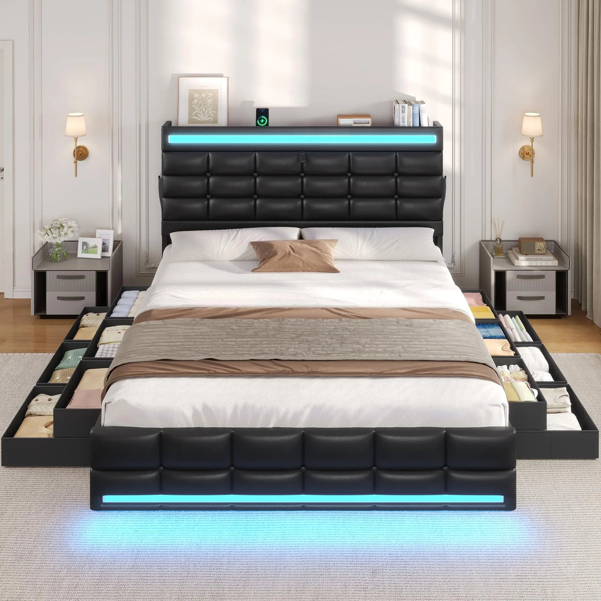 Queen Size Bed Frame with LED Lights Headboard and 12 Storage Drawers, Bookcase - Product image 2