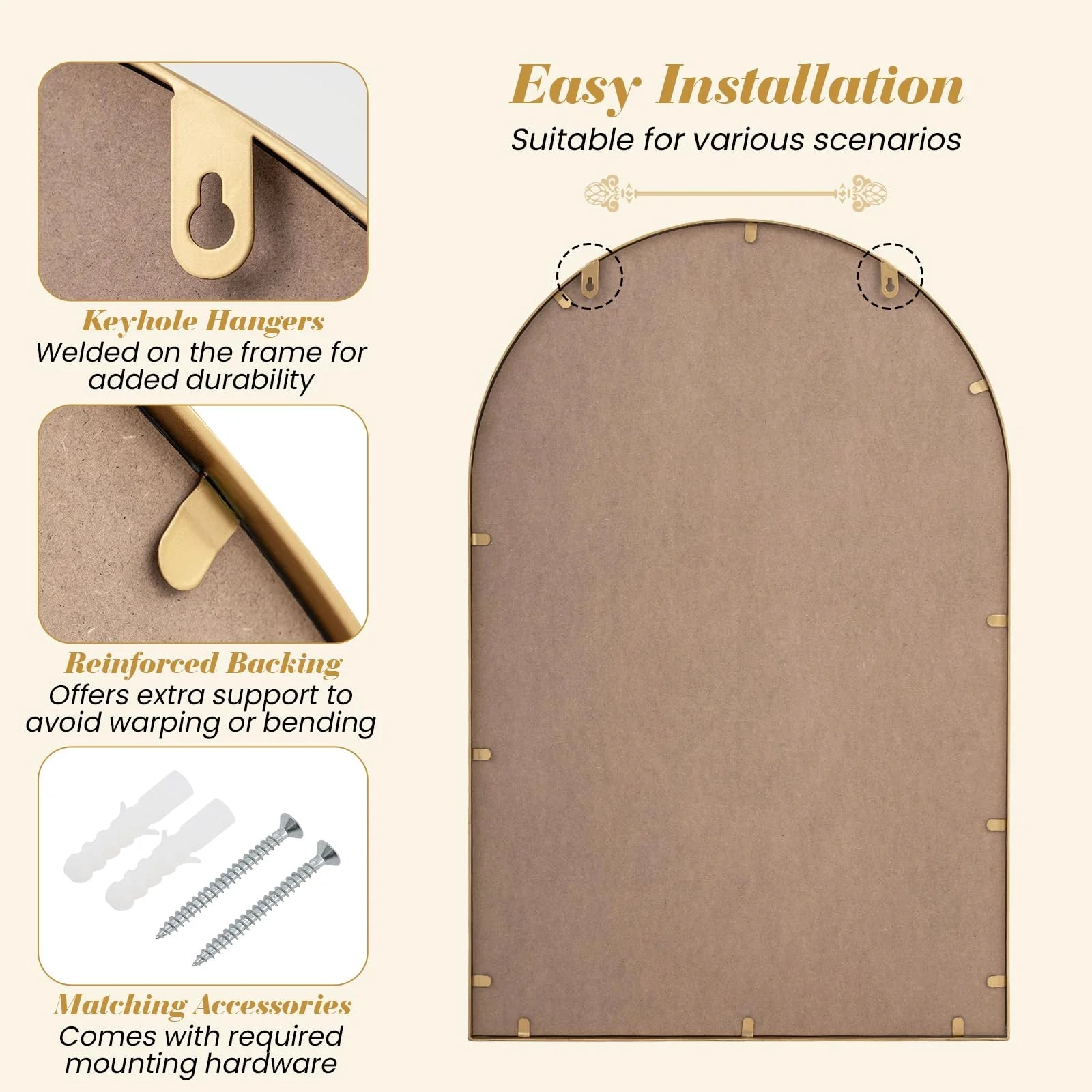 Tangkula 35" x 23" Gold Arched Wall Mirror (Arched) - Product image 5