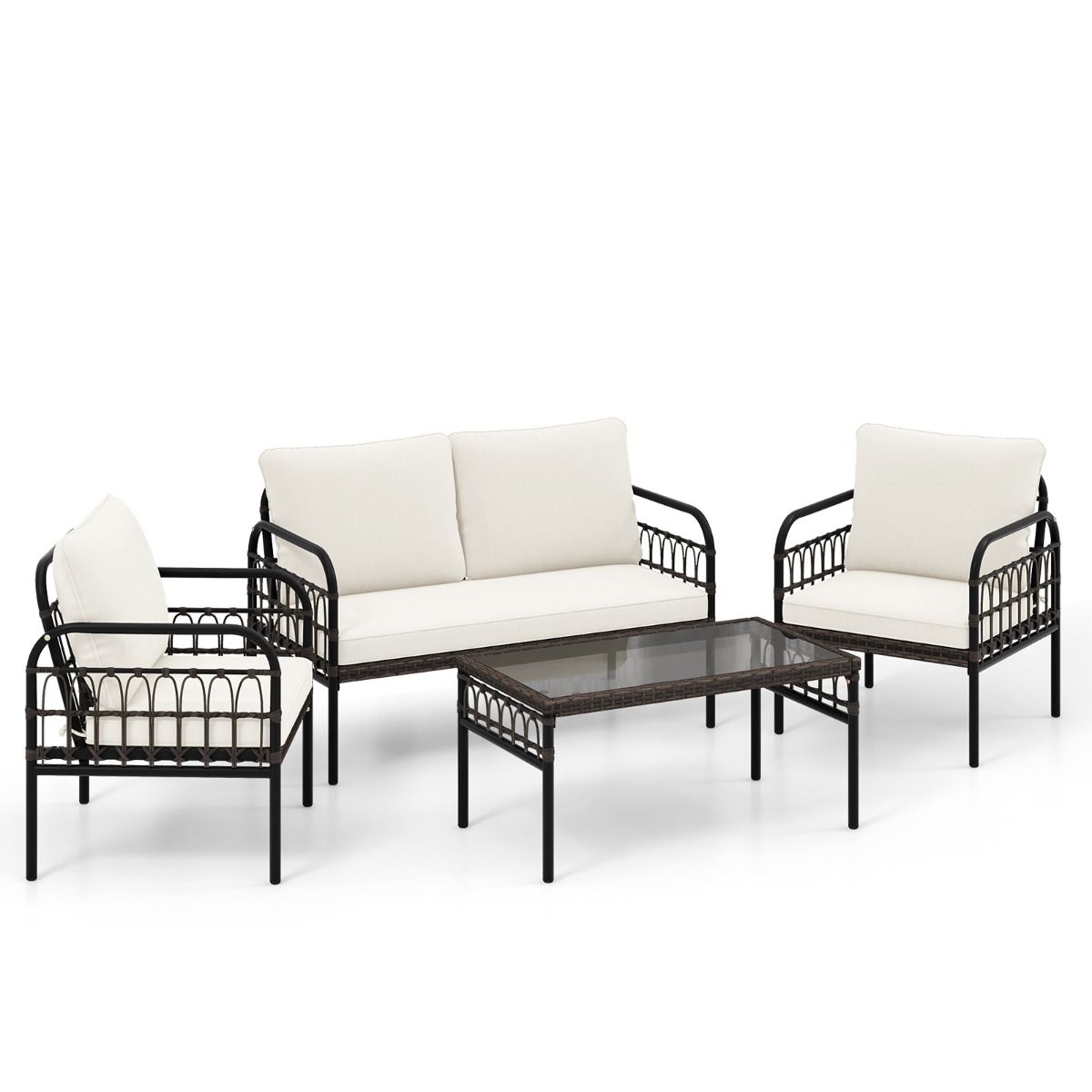 Patio Furniture 4 Pieces Rattan Load 180-360KG with Loveseat Chairs Cushions and Tempered Glass Coffee Table for Balcony White -