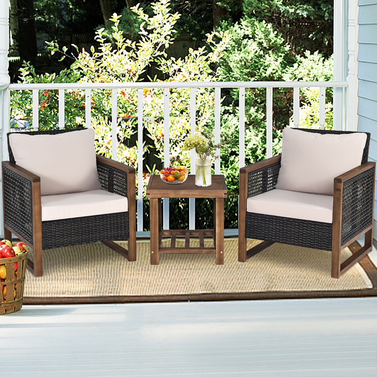 Acacia Wood Garden Furniture Set Handcrafted Rattan Anti-sun Weather Resistant for Porch Balcony Terrace -