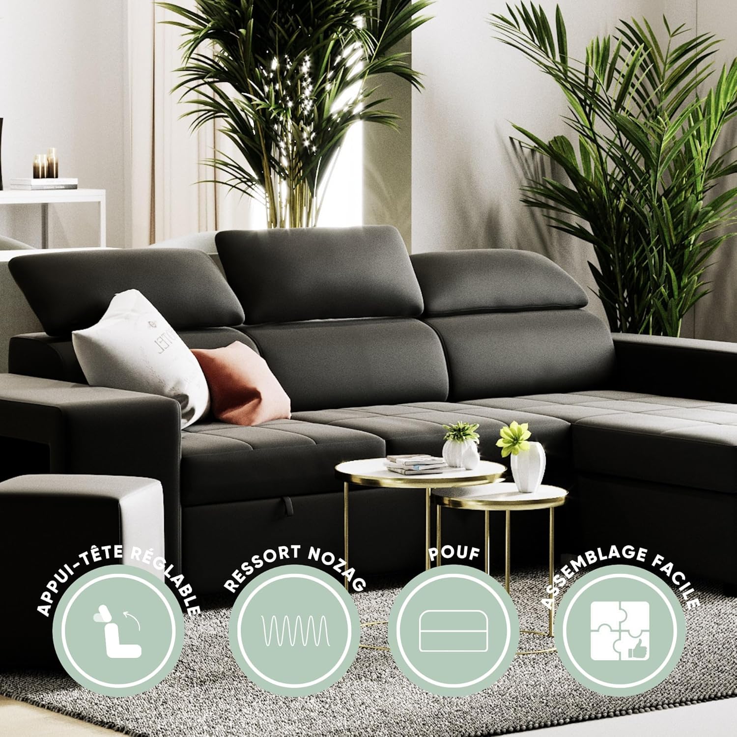 BUDWING John 4-Seater Corner Sofa Bed – Reversible Chaise Longue, Adjustable Headrests and 2 Poufs – Polyurethane Covering – Modern Style – 263x161x96 cm – Black