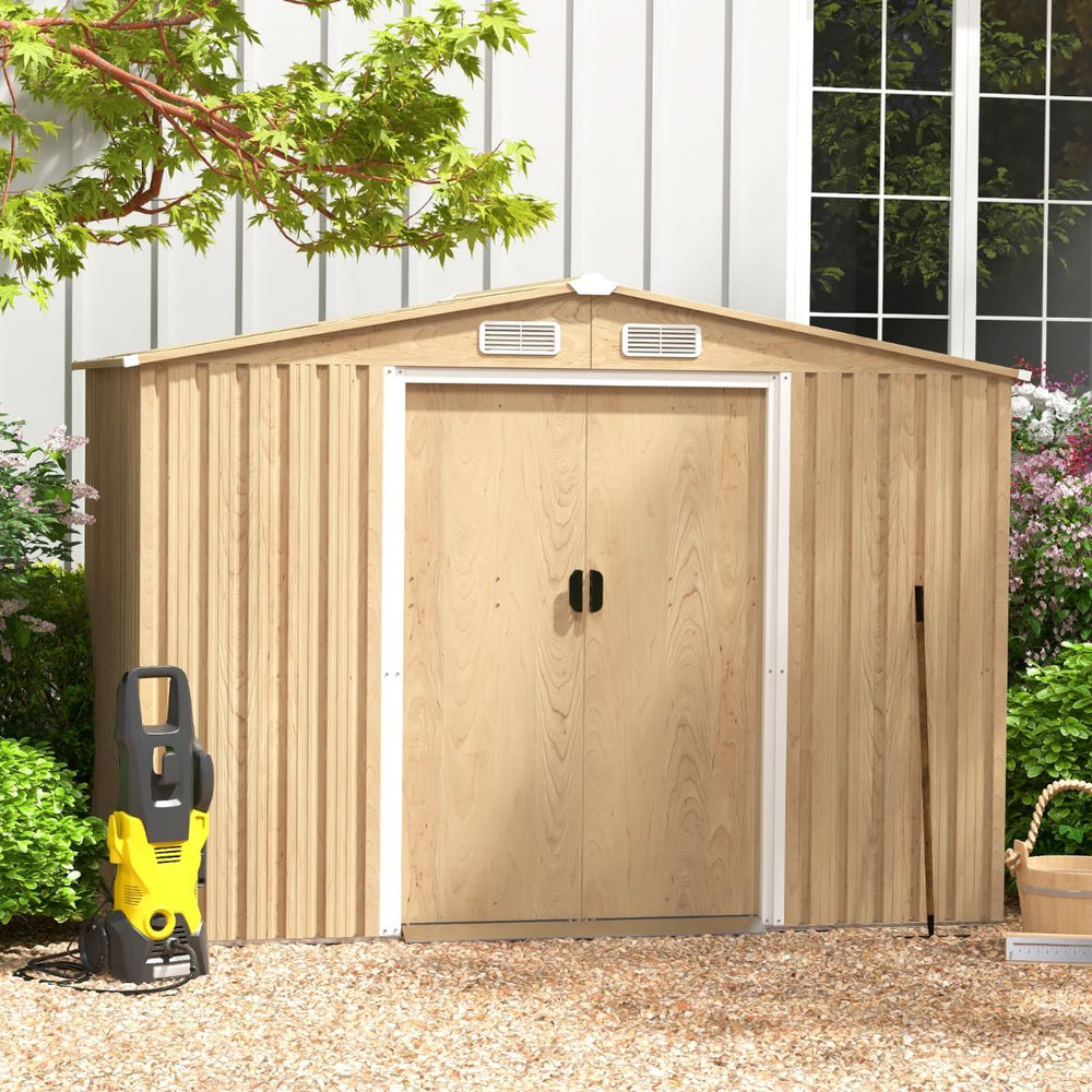 Storage Shed 259cm x196cm with Foundation Base Home Galvanized Metal Tools with 4 Vents Waterproof and Windproof Natural