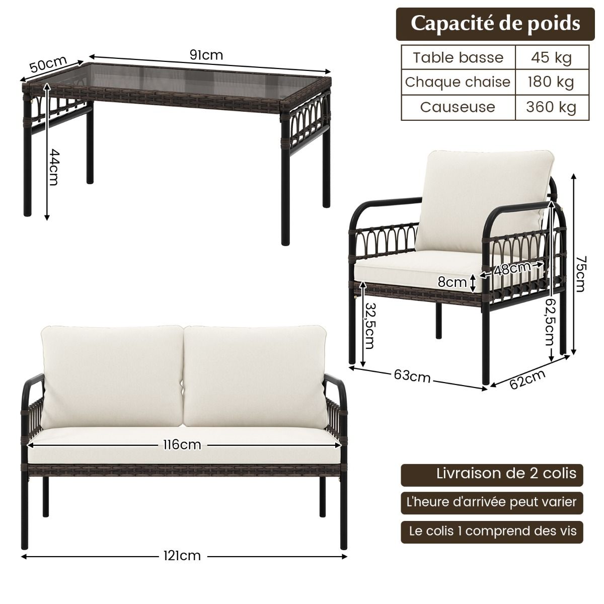 Patio Furniture 4 Pieces Rattan Load 180-360KG with Loveseat Chairs Cushions and Tempered Glass Coffee Table for Balcony White -