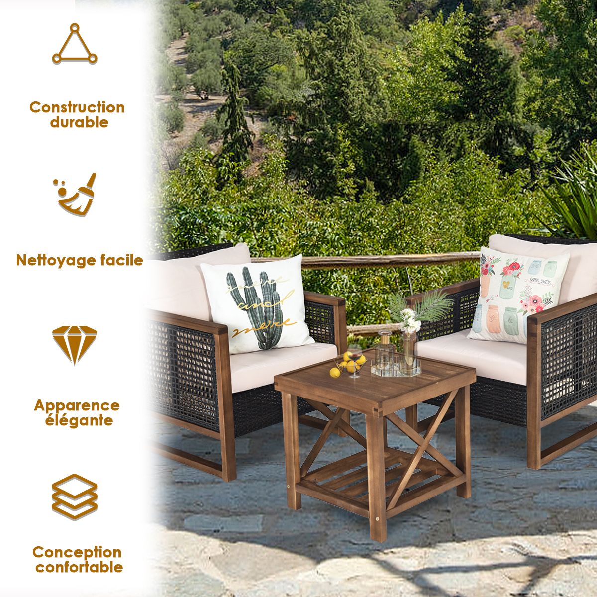 Acacia Wood Garden Furniture Set Handcrafted Rattan Anti-sun Weather Resistant for Porch Balcony Terrace -