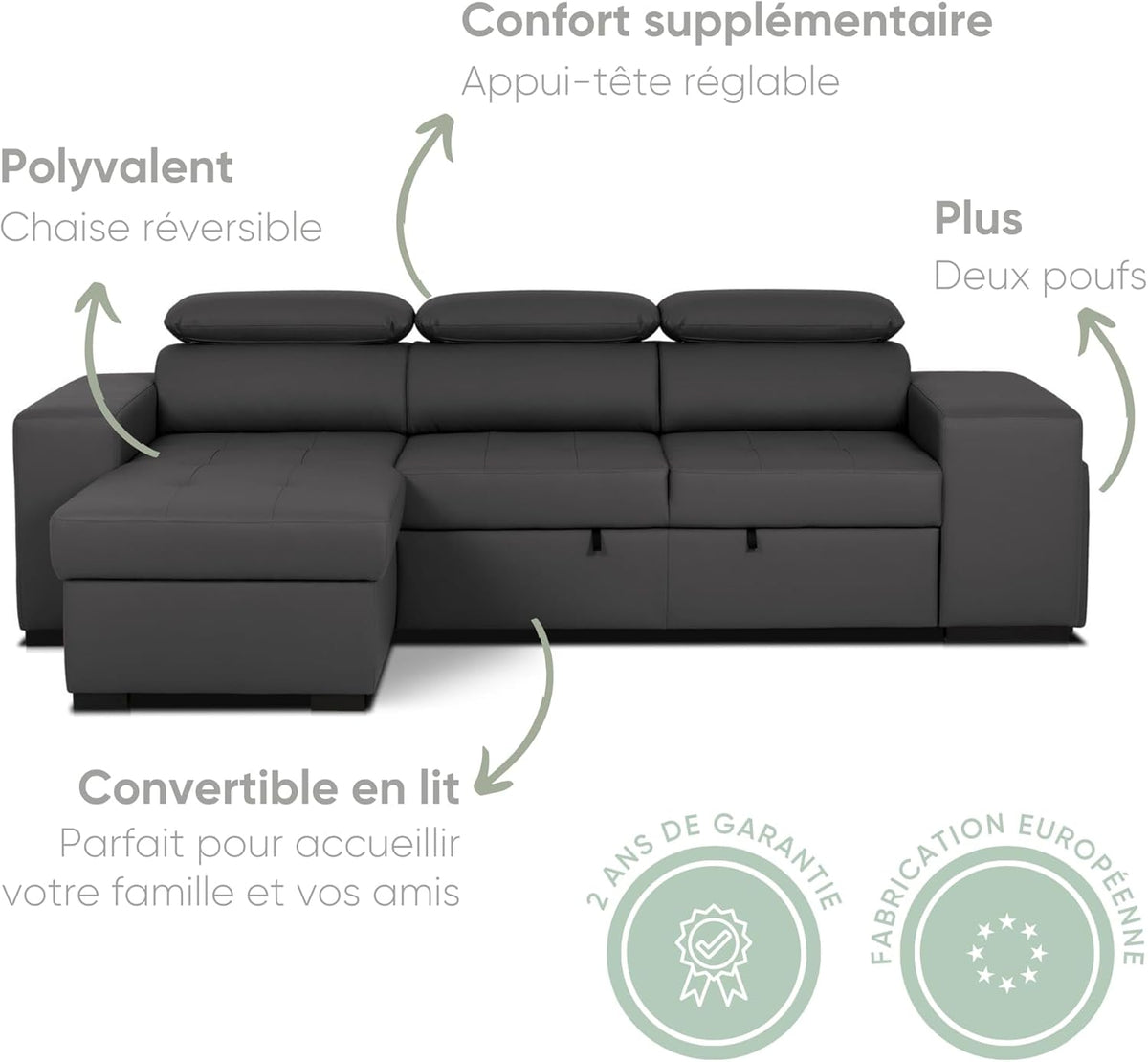 BUDWING John 4-Seater Corner Sofa Bed – Reversible Chaise Longue, Adjustable Headrests and 2 Poufs – Polyurethane Covering – Modern Style – 263x161x96 cm – Black