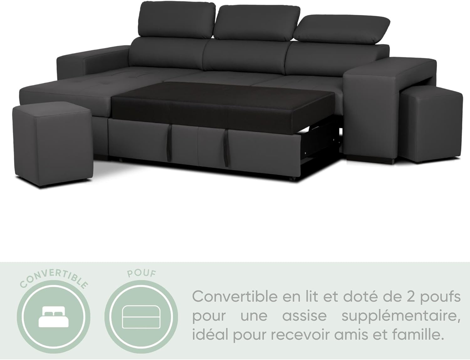 BUDWING John 4-Seater Corner Sofa Bed – Reversible Chaise Longue, Adjustable Headrests and 2 Poufs – Polyurethane Covering – Modern Style – 263x161x96 cm – Black