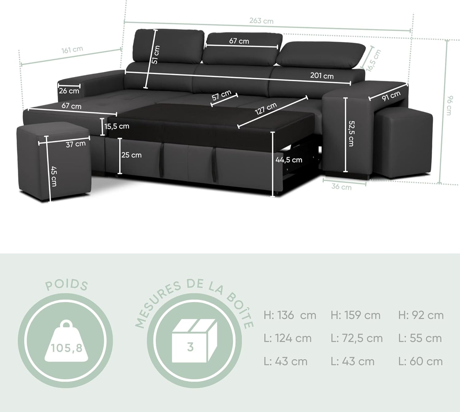BUDWING John 4-Seater Corner Sofa Bed – Reversible Chaise Longue, Adjustable Headrests and 2 Poufs – Polyurethane Covering – Modern Style – 263x161x96 cm – Black