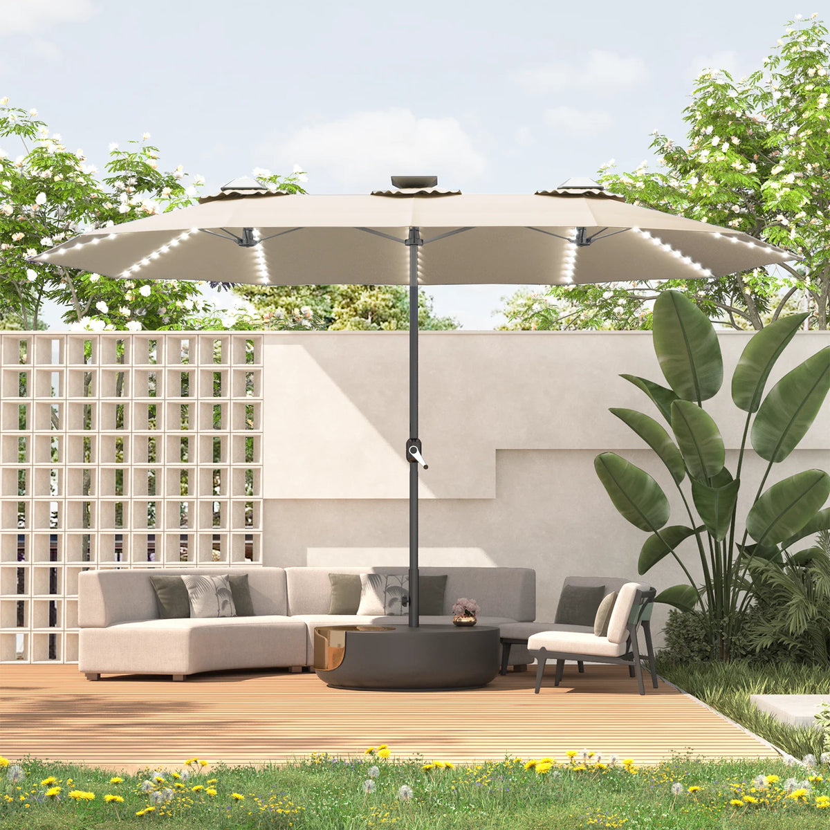 AECOJOY 15ft Patio Double-Sided Umbrella, 156 PCS Solar LED Light Outdoor Large Umbrella, Beige - Product image 10
