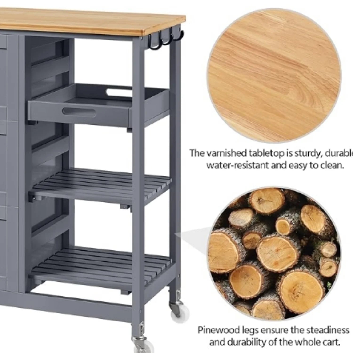 Kitchen Island Cart on Wheels with Storage, Rolling Bar Cart with Solid Wood Top and 3 Drawers - Product image 3