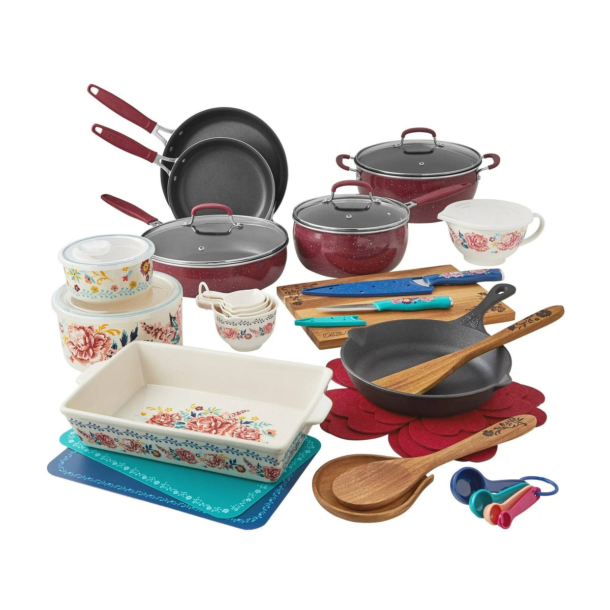 The Pioneer Woman PW43007796140CF Keepsake Floral 38-Piece Cookware Set, Merlot - Product image 1
