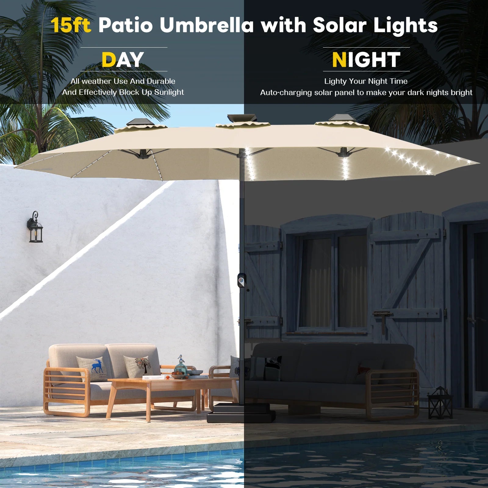 AECOJOY 15ft Patio Double-Sided Umbrella, 156 PCS Solar LED Light Outdoor Large Umbrella, Beige - Product image 7