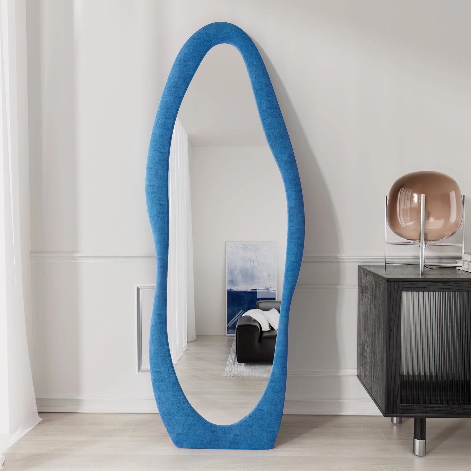 VLUSH Irregular Full Length Mirror, Floor Mirror Hanging & Leaning, 63"x24" Wavy Wall Mirror (Blue) - Product image 1