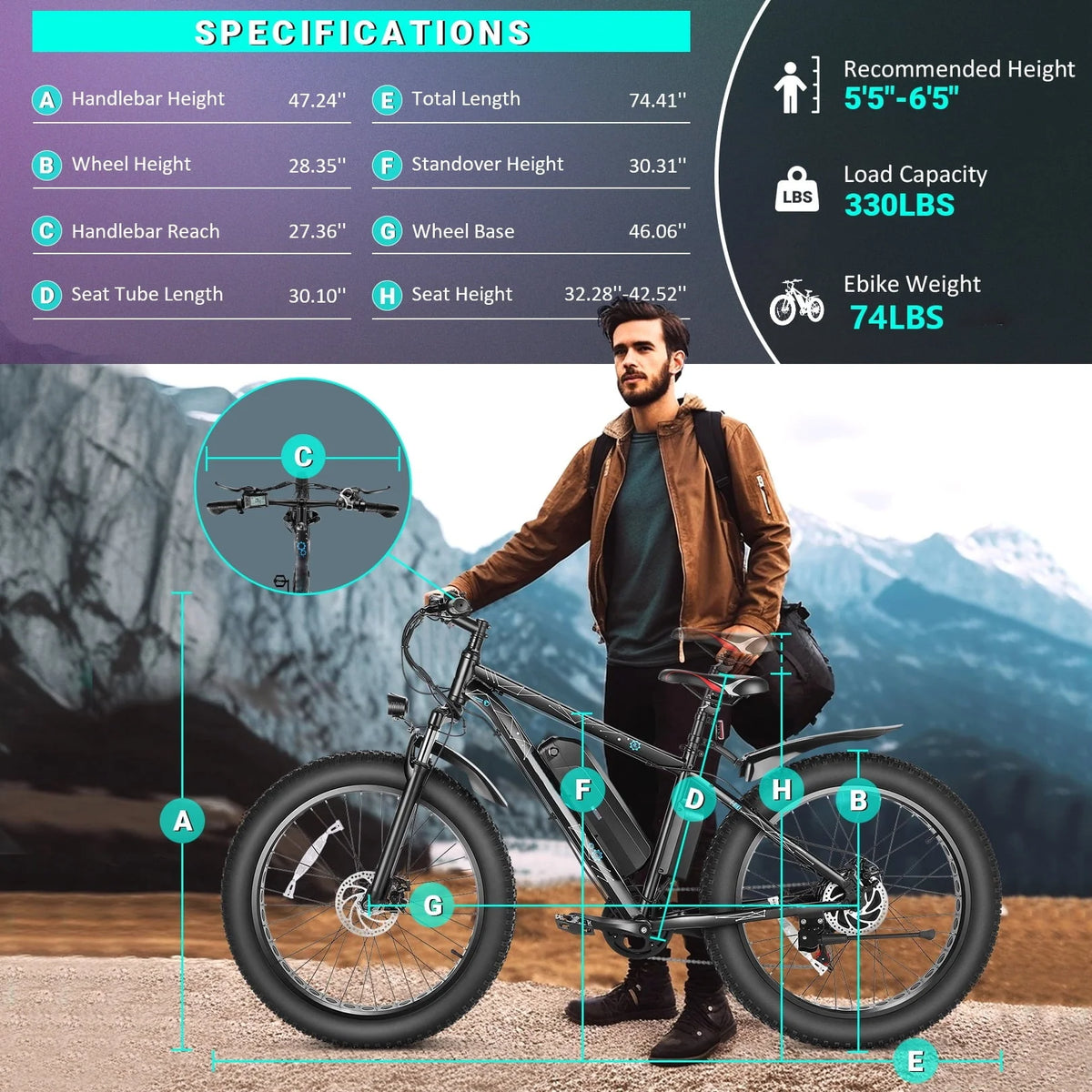 Gocio 26" 4.0 Fat Tire Electric Bike for Adults, 500W Adults E Bike, 48V 13ah Removable Li - Ion Battery - Product image 10