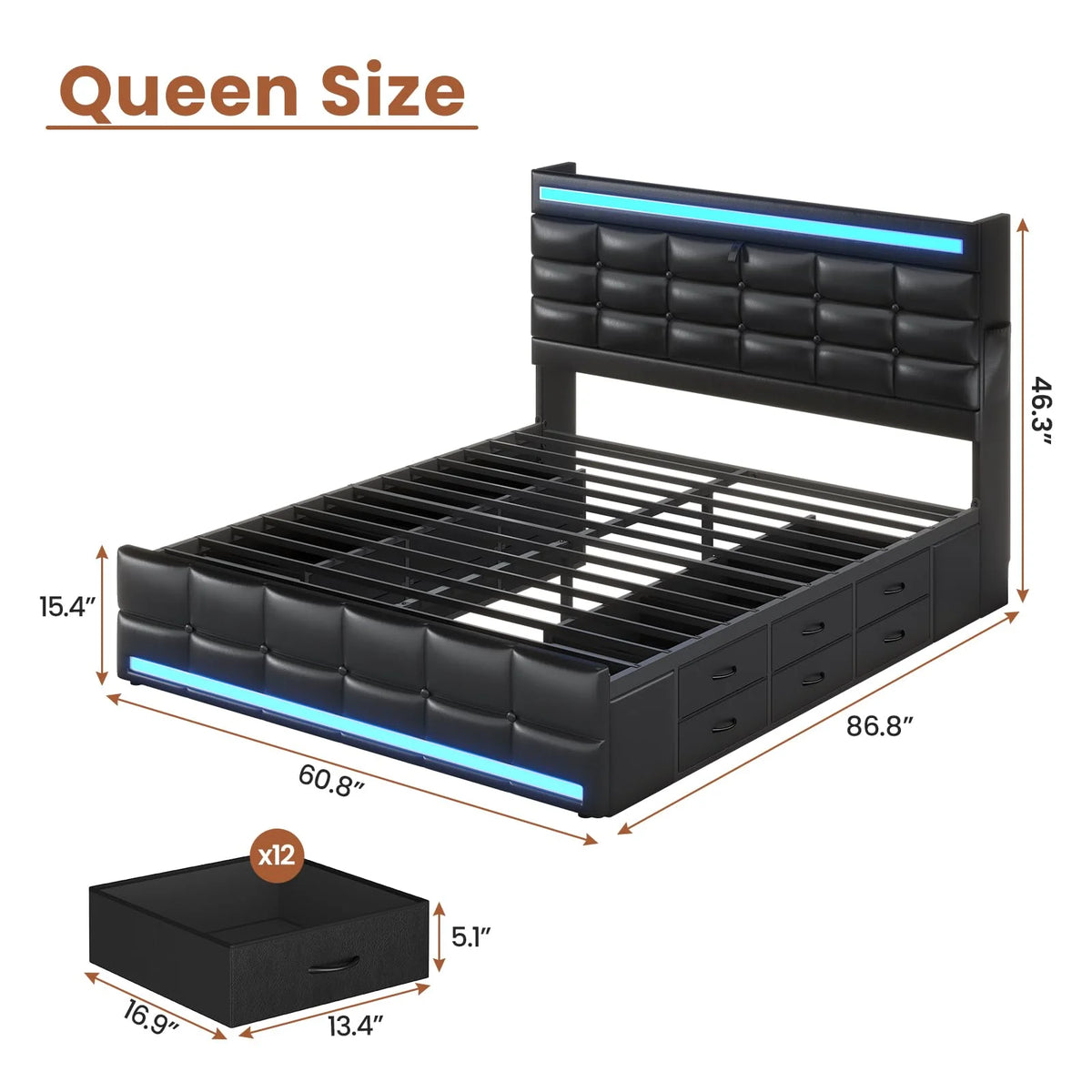 Queen Size Bed Frame with LED Lights Headboard and 12 Storage Drawers, Bookcase - Product image 9