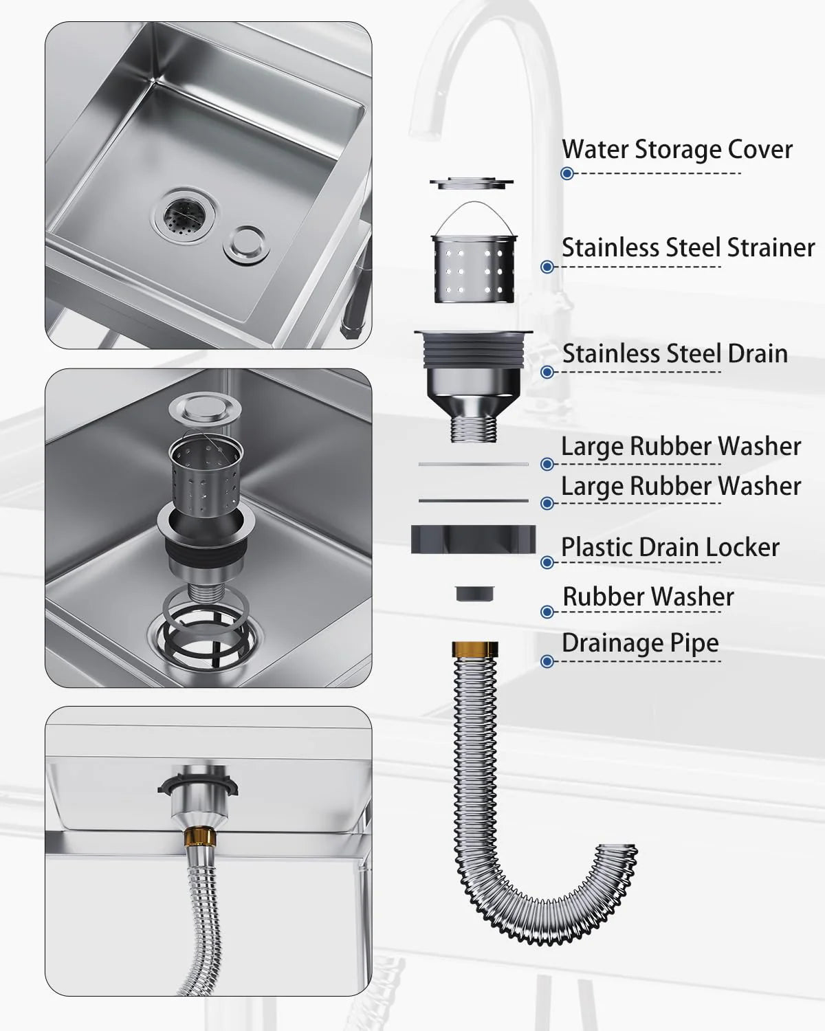 AECOJOY Stainless Steel Utility Sink, Free Standing Single Bowl Commercial Kitchen Sinks with Faucet - Product image 6