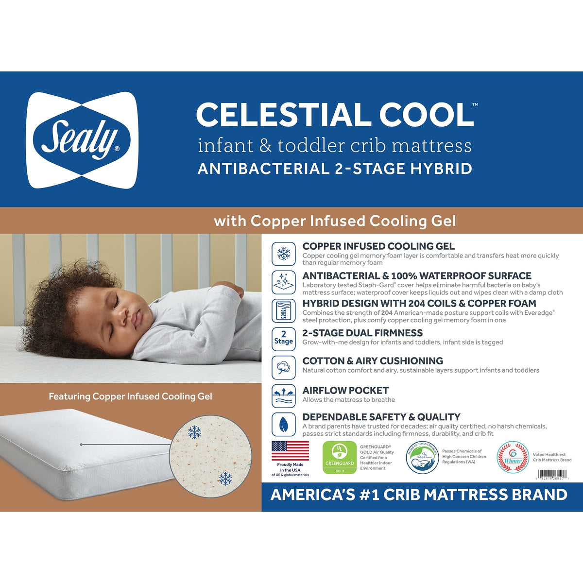 Celestial Cool Ultra-Premium 2-Stage Hybrid Antibacterial Crib & Toddler Mattress. Cool Copper Gel - Product image 2