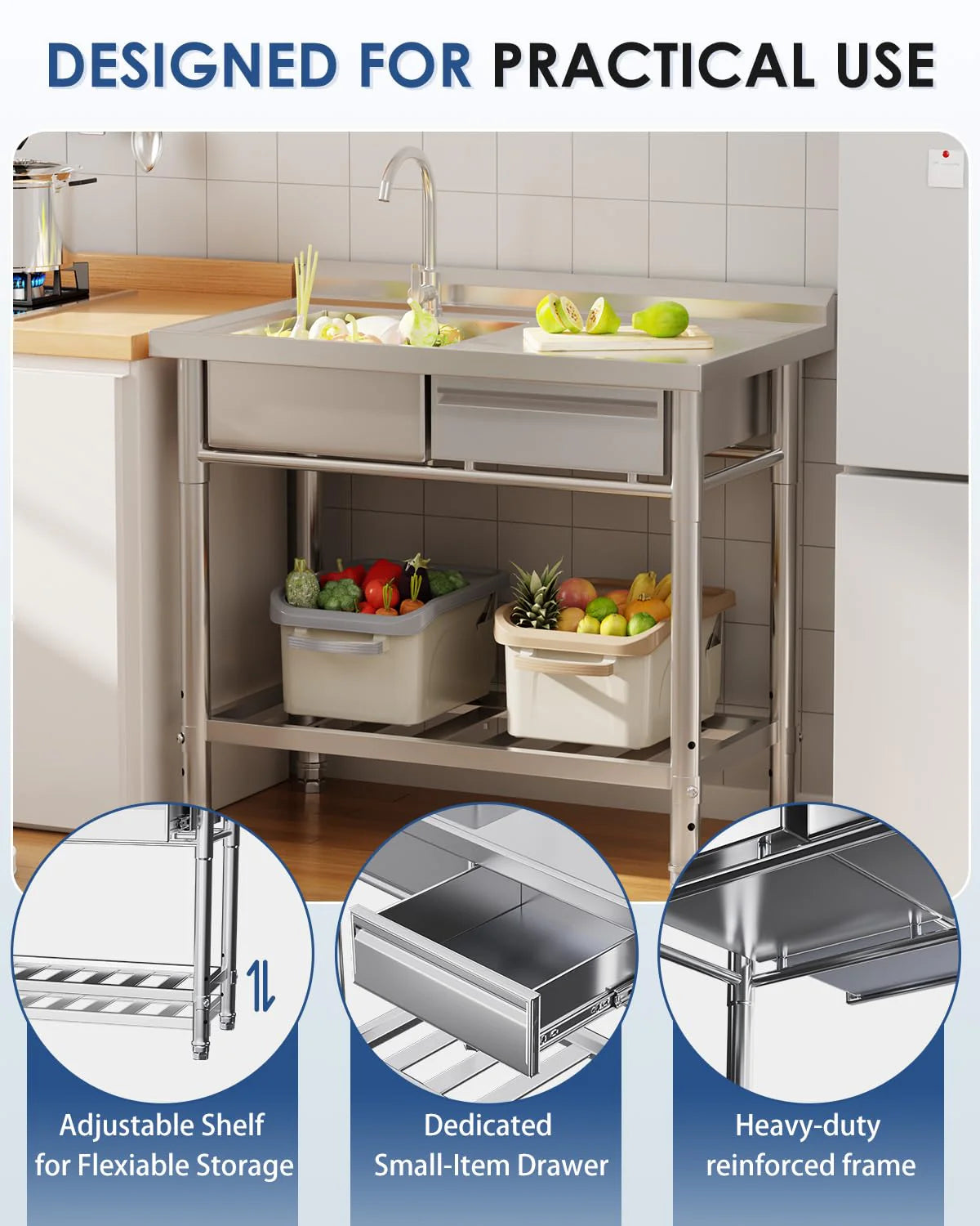 AECOJOY Stainless Steel Utility Sink, Free Standing Single Bowl Commercial Kitchen Sinks with Faucet - Product image 5